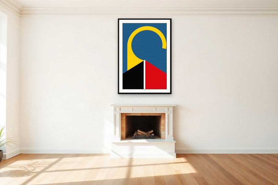 Yellow Arc, Blue Field, shown in a room setting