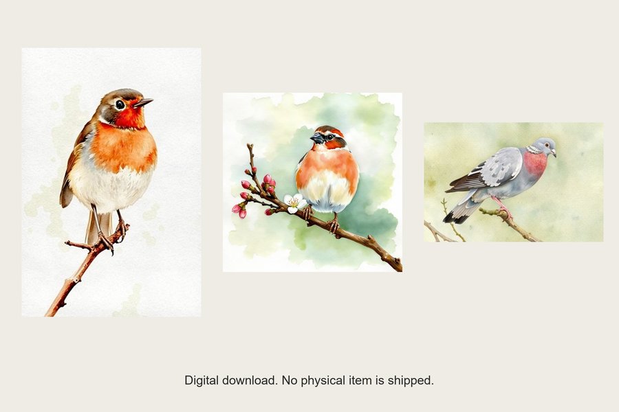 Birdsong gallery wall set of three prints, shown in a room setting
