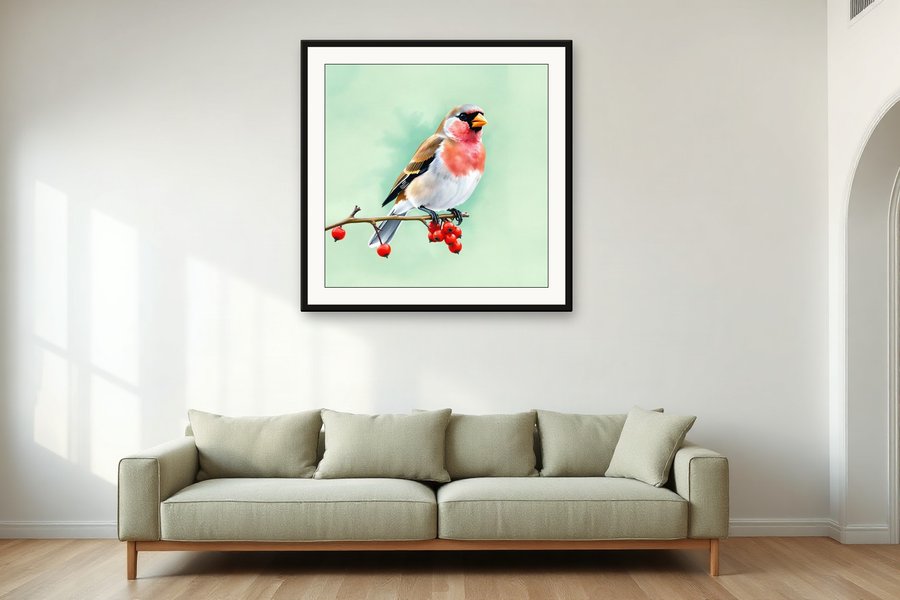 Songbird and Red Berries, shown in a room setting
