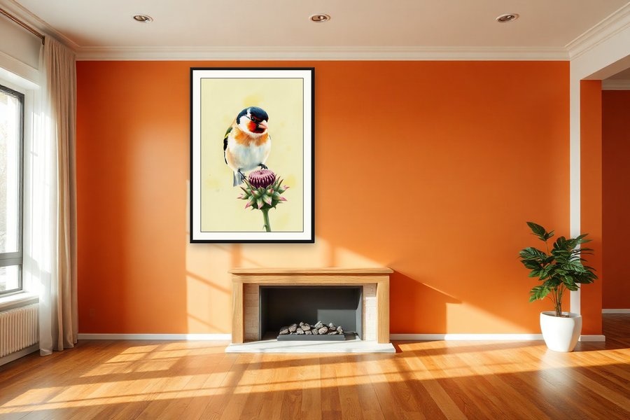 Goldfinch on Thistle, shown in a room setting