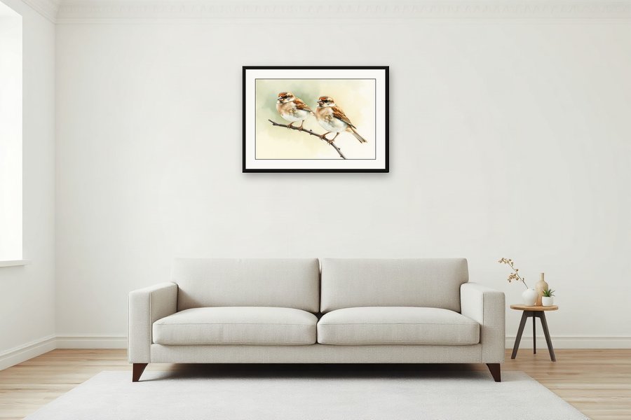Sparrow Pair, Branch, shown in a room setting