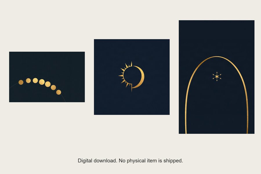 Celestial gallery wall set of three prints, shown in a room setting