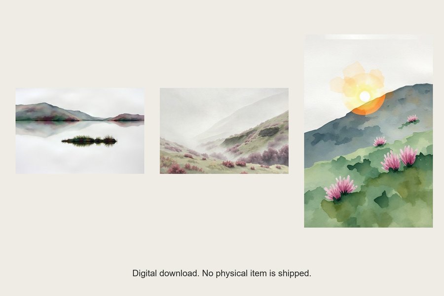 Fell and Tarn gallery wall set of three prints, shown in a room setting