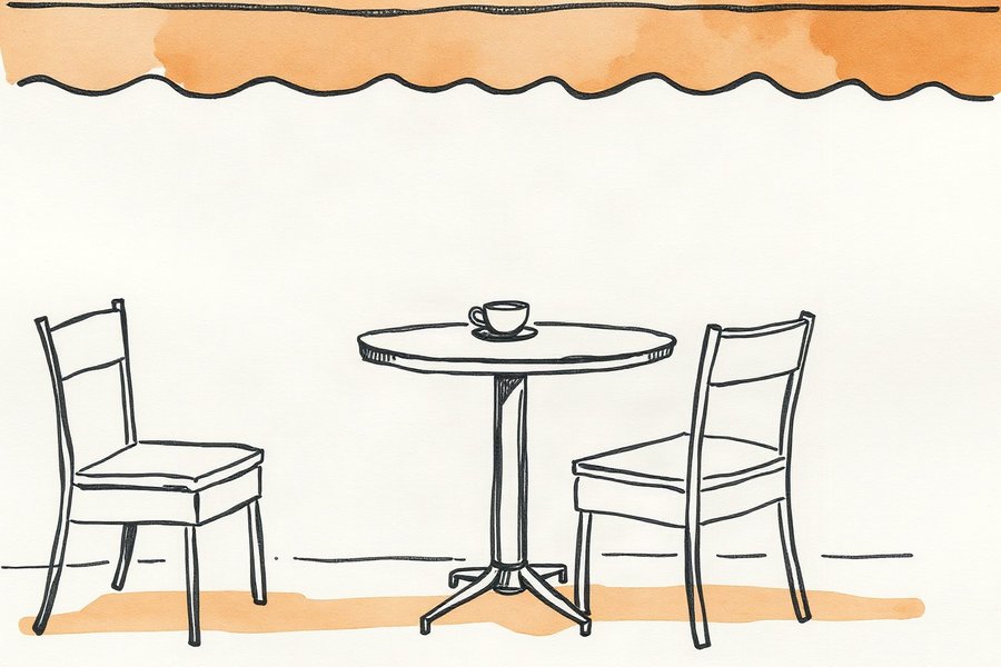 Cafe Table, Coffee Cup, a quiet still-life study in black, peach and cream, in a warm ink-and-wash style, loose and observational rather than styled.