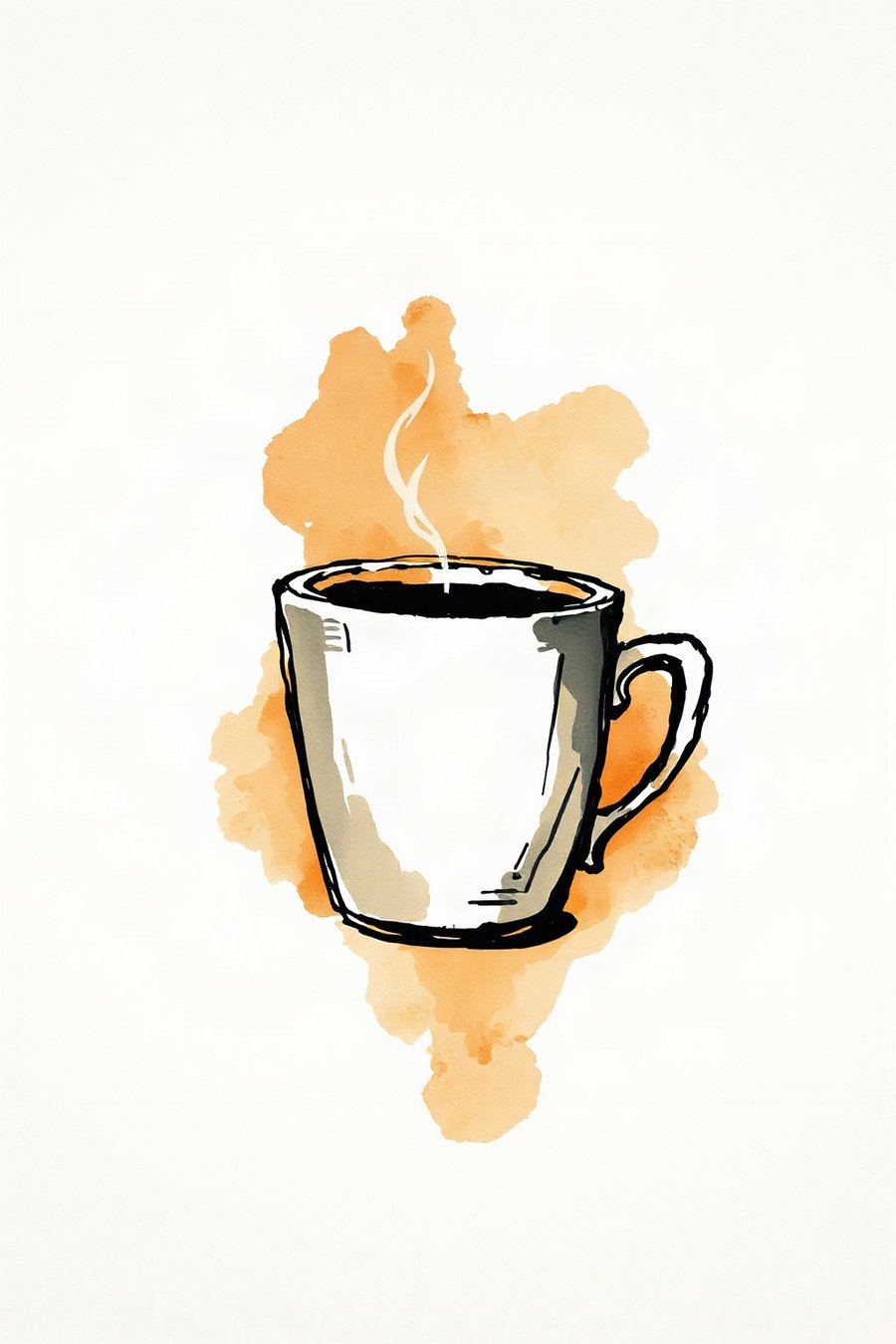 Coffee Cup, Rising Steam, a quiet still-life study in black, soft orange and cream, in a warm ink-and-wash style, loose and observational rather than styled.