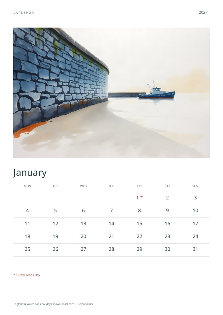 2027 Printable Calendar Coastal Harbour Wall Calendar | A4 & US Letter | AI Art, product preview