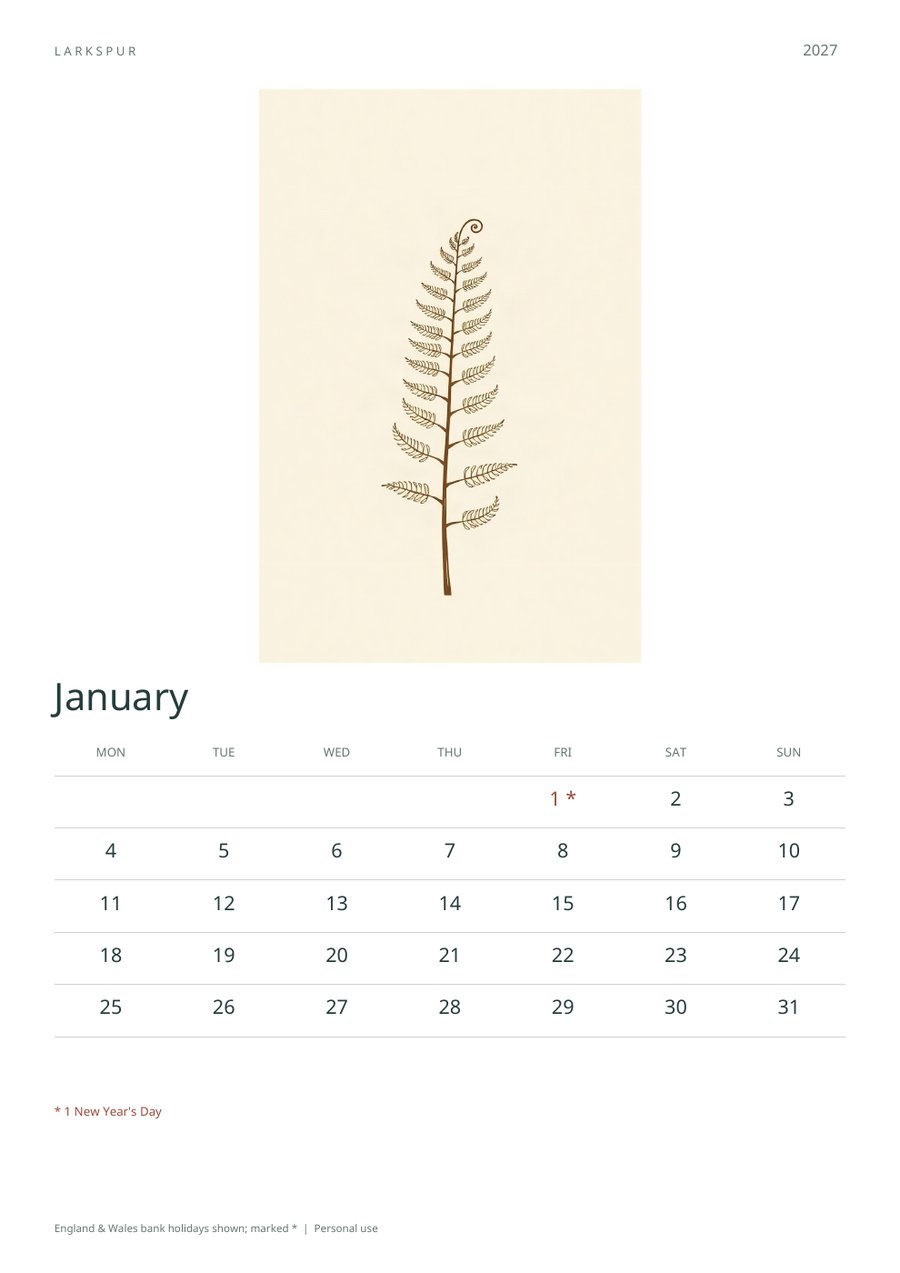 2027 Printable Calendar Minimal Botanical Wall Calendar | A4 & US Letter | AI Art, product preview