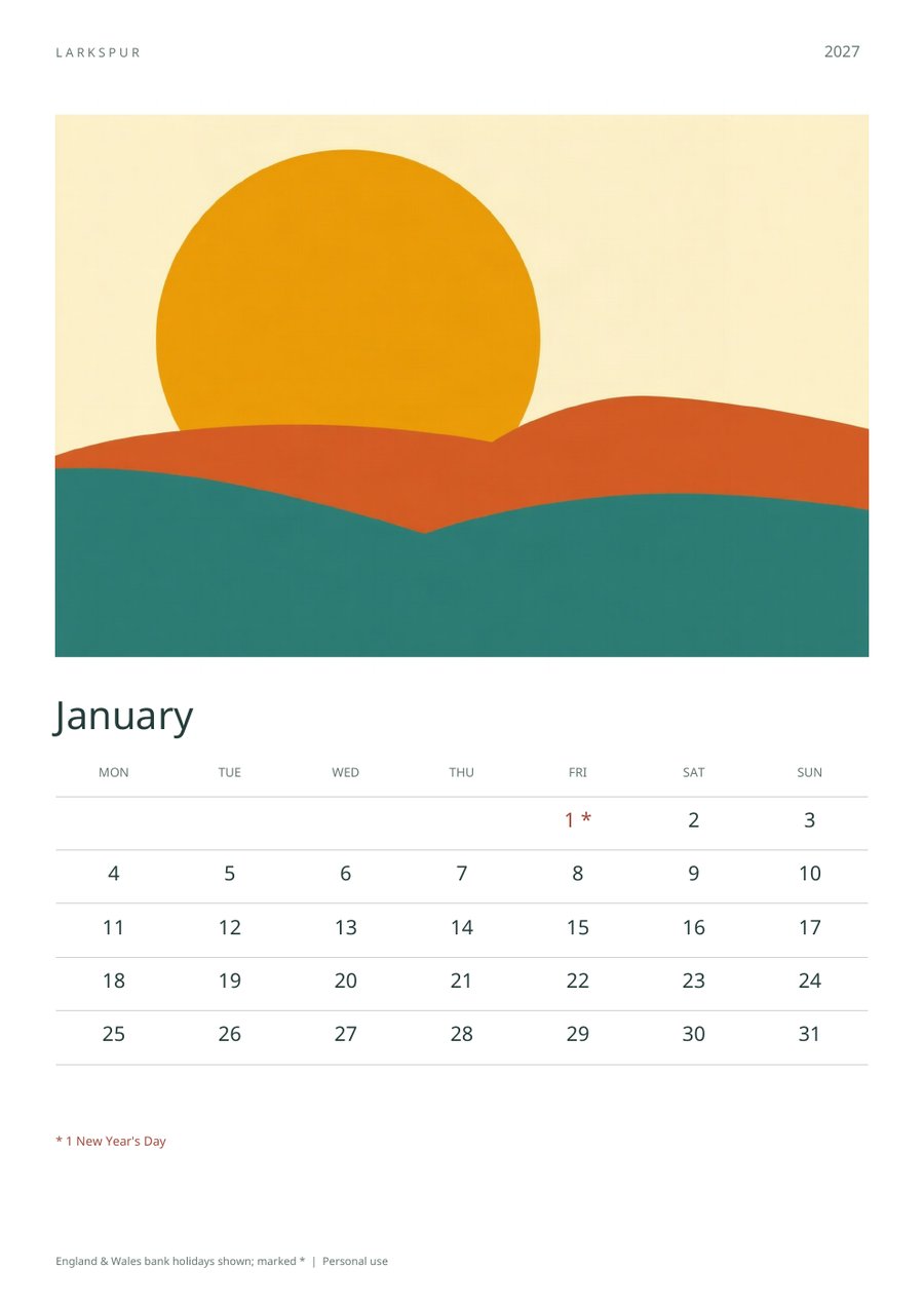 2027 Printable Calendar Mid Century Wall Calendar | A4 & US Letter | AI Art, product preview