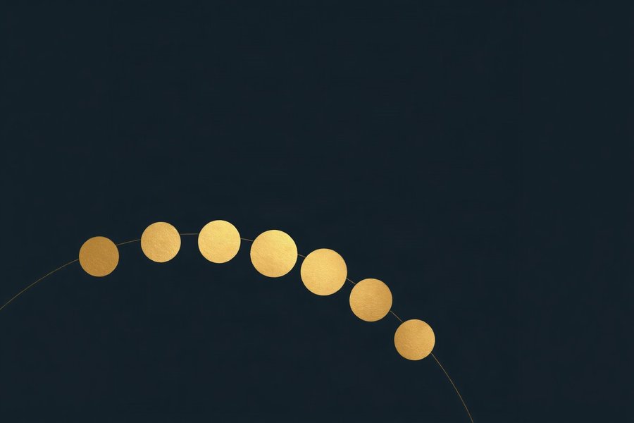 Moon Phases Arc, built from bold flat shapes and confident negative space -- deep navy and gold.
