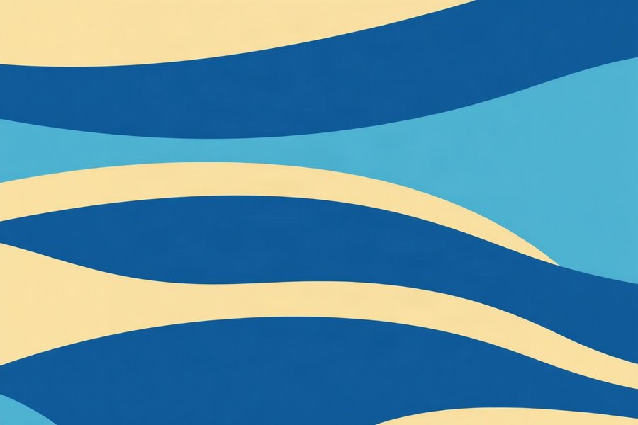 Striped Horizon Blue, built from bold flat shapes and confident negative space -- bold flat blues, cream and warm sun tones.