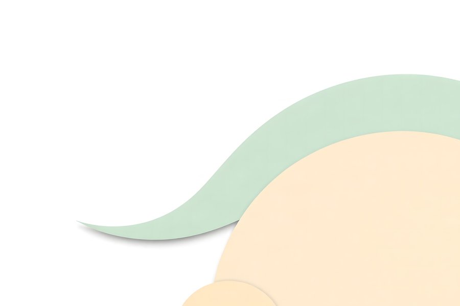 A soft sage-green ribbon curving across a white field, partly overlapped by two pale peach circular forms, understated contemporary abstract art print.