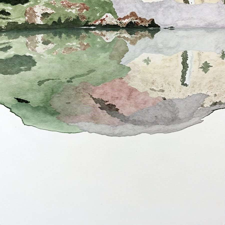 Tarn Reflection, Close, rendered in loose watercolour-style washes on a soft paper-grain ground -- sage green, soft grey, dusty pink and cream, nothing holding a hard edge.
