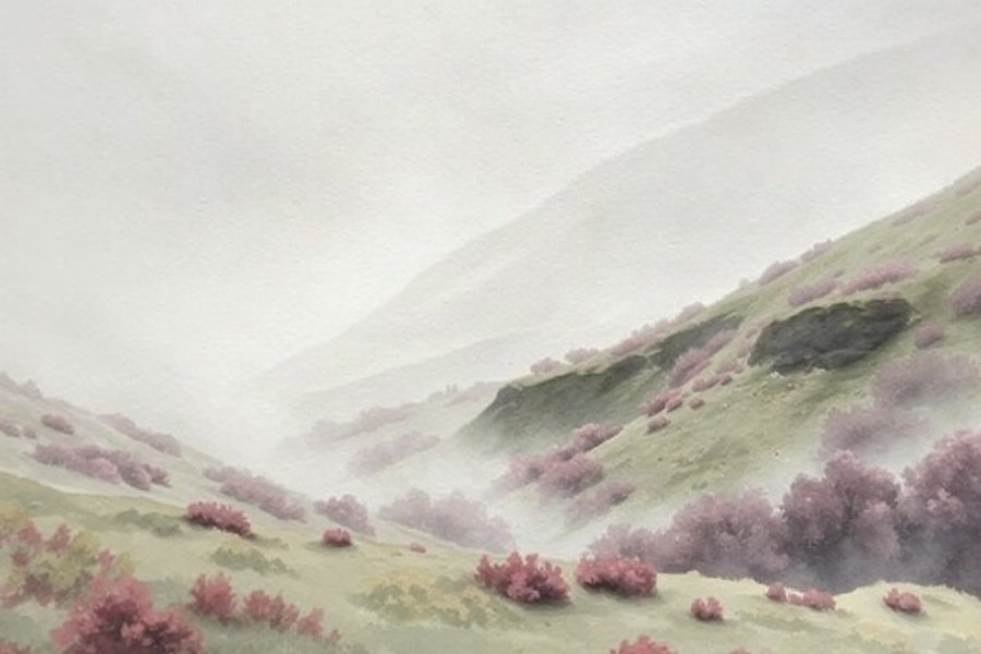 Valley Mist, Morning, rendered in loose watercolour-style washes on a soft paper-grain ground -- pale grey, sage green and dusty purple, nothing holding a hard edge.