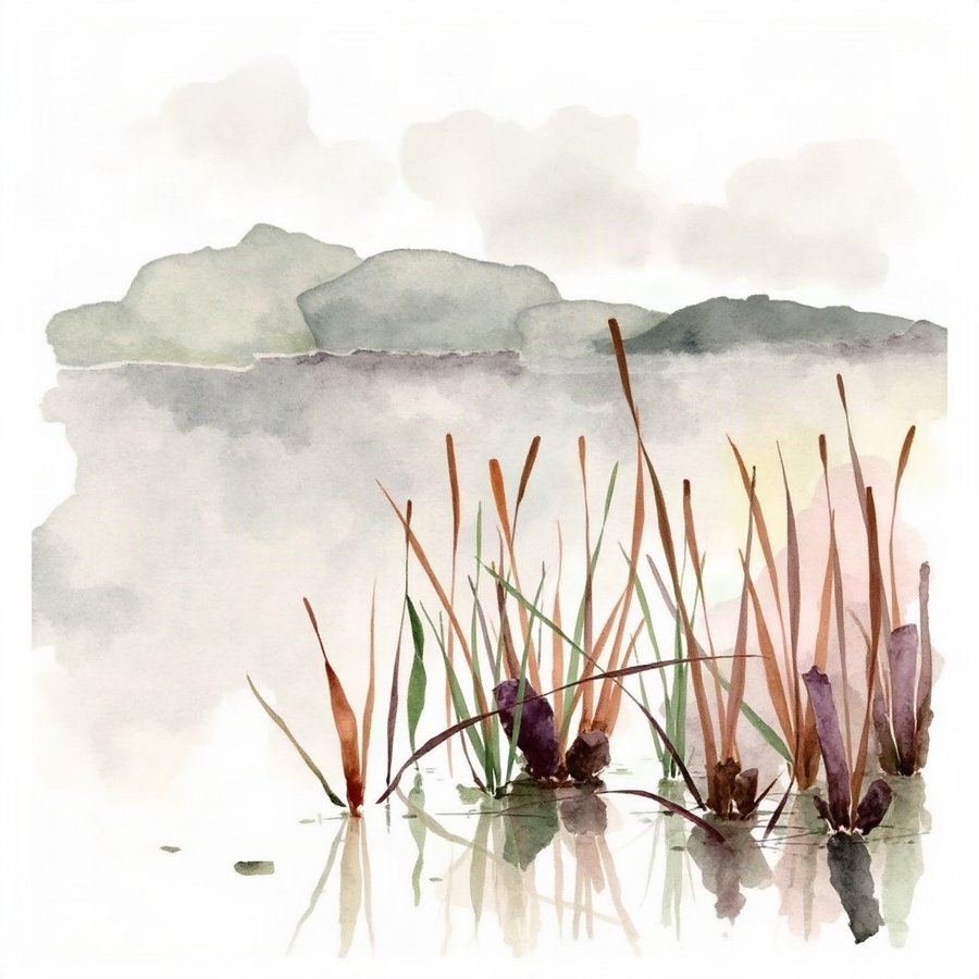 Tarn Edge Reeds, rendered in loose watercolour-style washes on a soft paper-grain ground -- warm brown, sage green, grey and cream, nothing holding a hard edge.