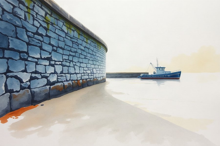 Harbour Wall, Dawn, rendered in loose watercolour-style washes on a soft paper-grain ground -- pale gold, slate blue and bone white, nothing holding a hard edge.