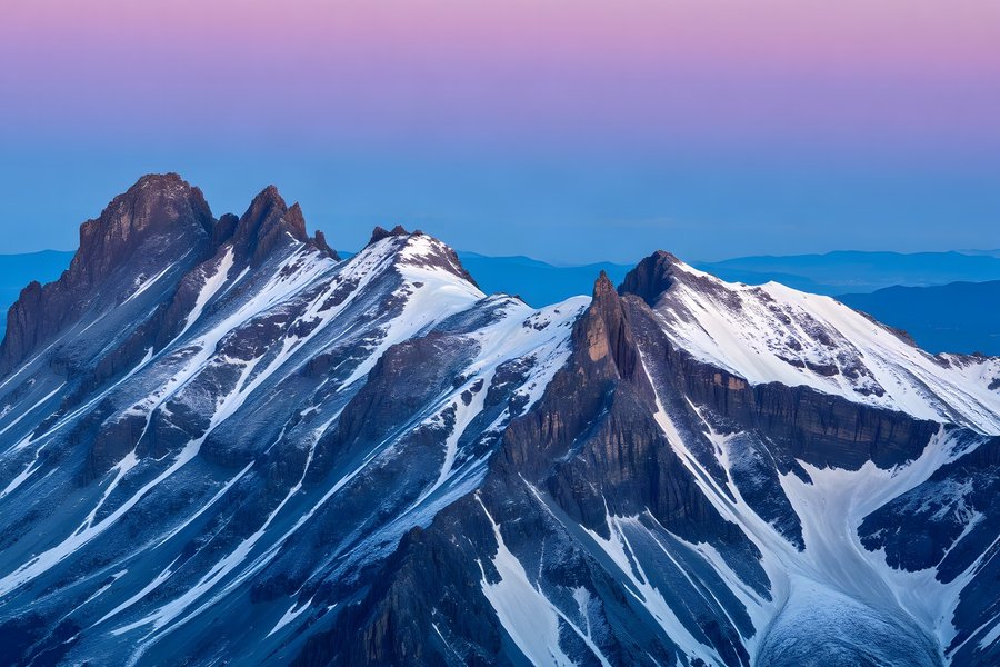 An asymmetric invented mountain ridge at dawn with soft pink-to-pale-blue light spread evenly across the skyline, hazy blue foothills behind, high-country fine art print.