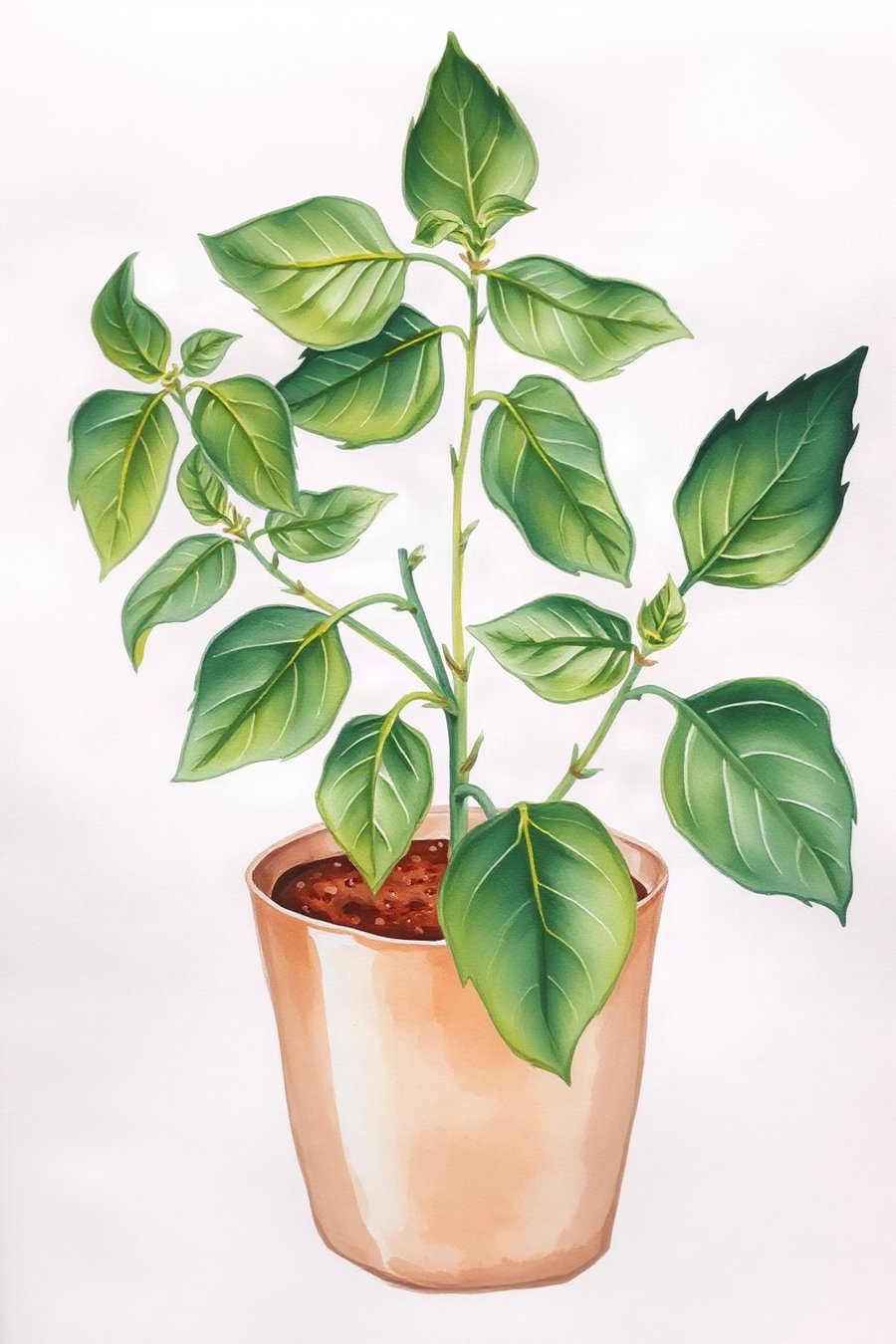 Basil Pot, Study, rendered in loose watercolour-style washes on a soft paper-grain ground -- herb green, soft terracotta and cream, nothing holding a hard edge.