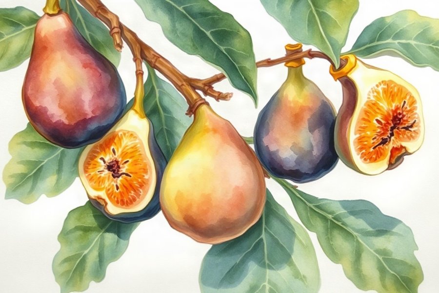 Fig Branch, Study, rendered in loose watercolour-style washes on a soft paper-grain ground -- sage green, dusty purple, soft yellow and peach, nothing holding a hard edge.