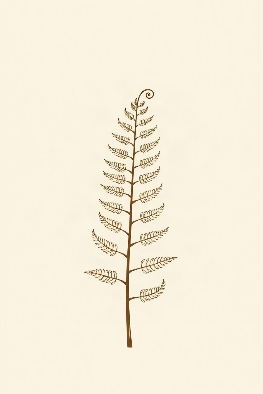 Single Fern Frond, a minimal fine-line botanical design on warm white -- warm white and a soft sepia line, minimal and quietly botanical.