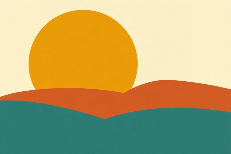 Mustard Sun, Hills, built from bold flat shapes and confident negative space -- warm mustard, burnt orange and teal.
