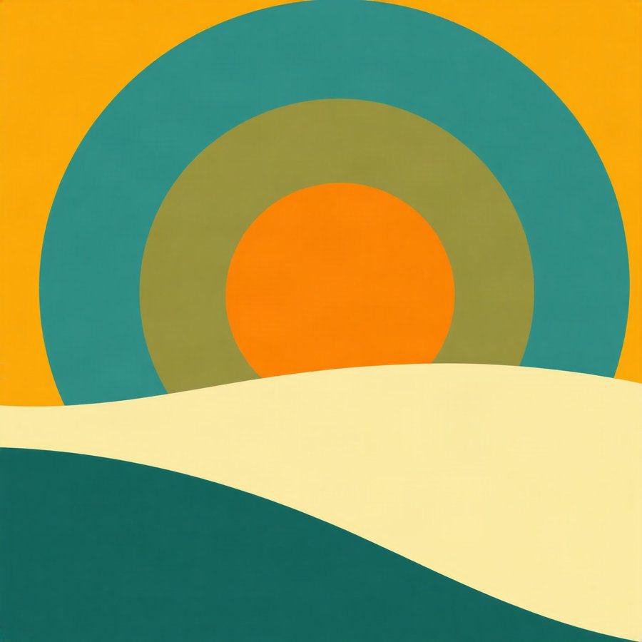 Teal Arc Sunset, built from bold flat shapes and confident negative space -- warm mustard, burnt orange and teal.