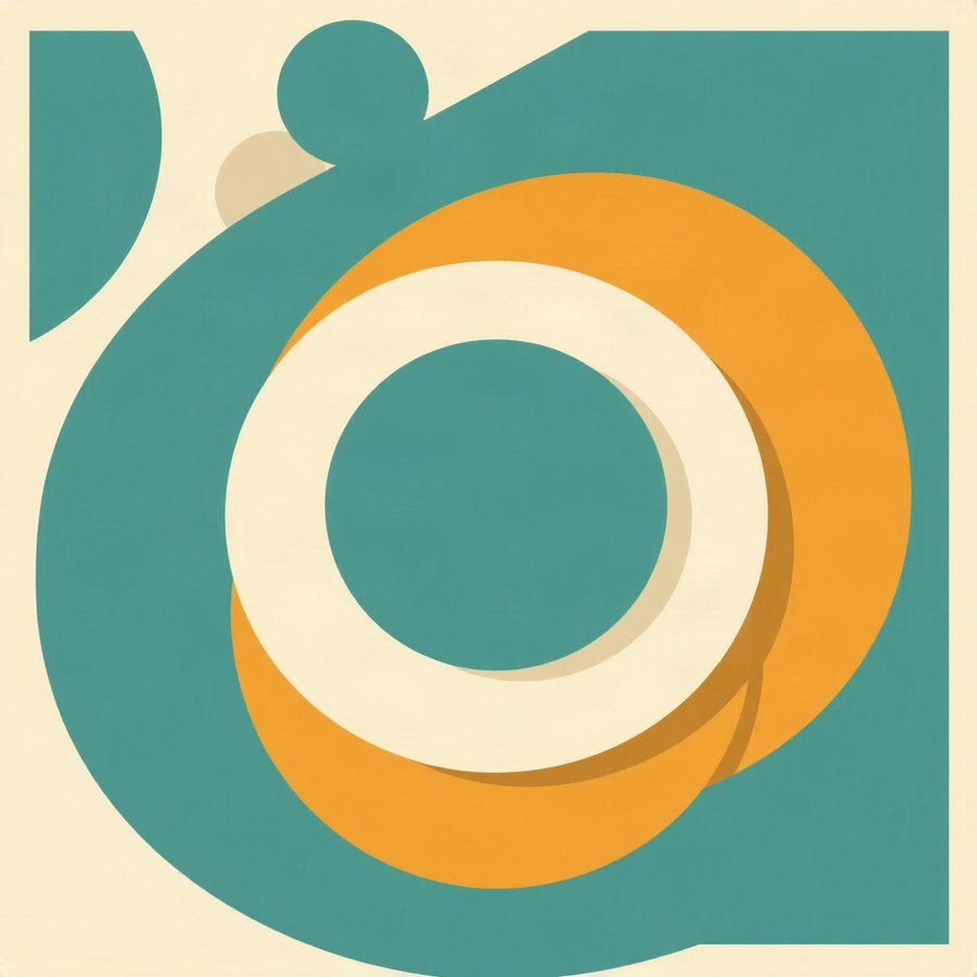 Orbit Rings, Teal, built from bold flat shapes and confident negative space -- mustard yellow, teal and cream.
