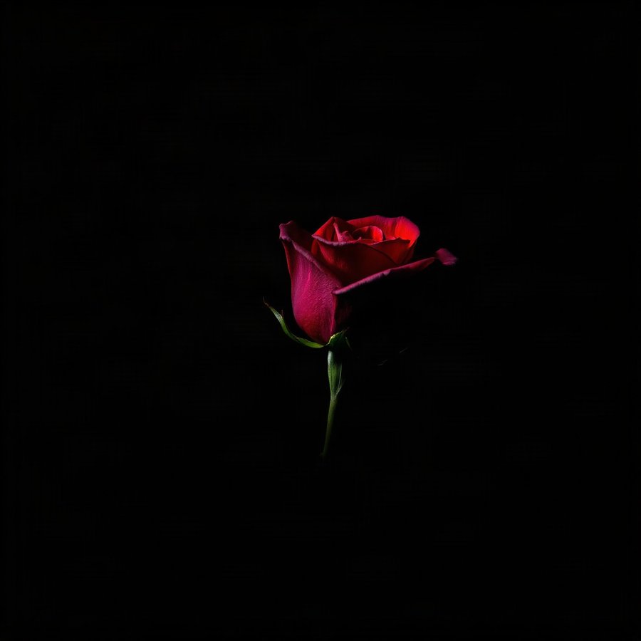 Rose, Glowing on Black, a quiet, realistic-looking still-life study of a single rose in deep red and burgundy, with a forest-green stem, on black, softly lit.