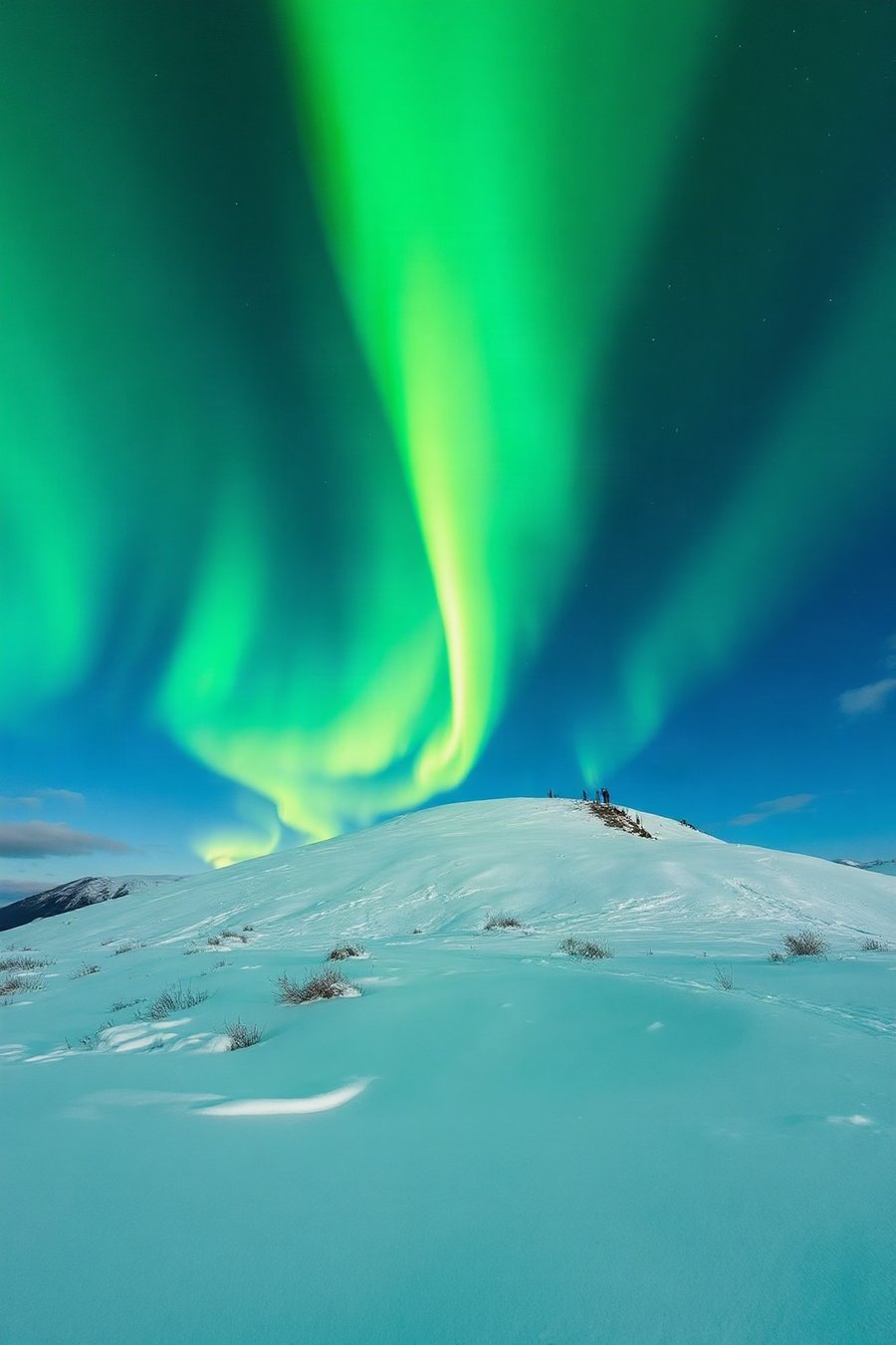 Green Aurora Ridge, an atmospheric scene generated in bright green, turquoise and icy blue, built for mood and depth rather than a literal view.