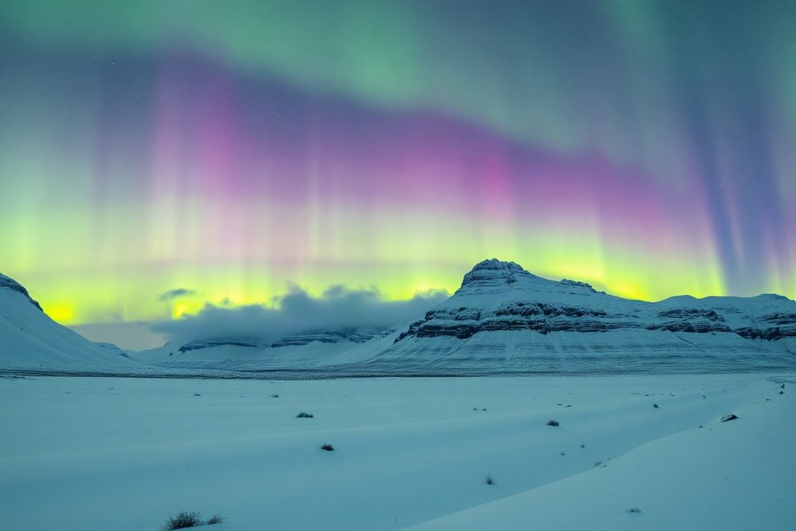 Violet Aurora Valley, an atmospheric scene generated in aurora green, violet and deep night blue, built for mood and depth rather than a literal view.
