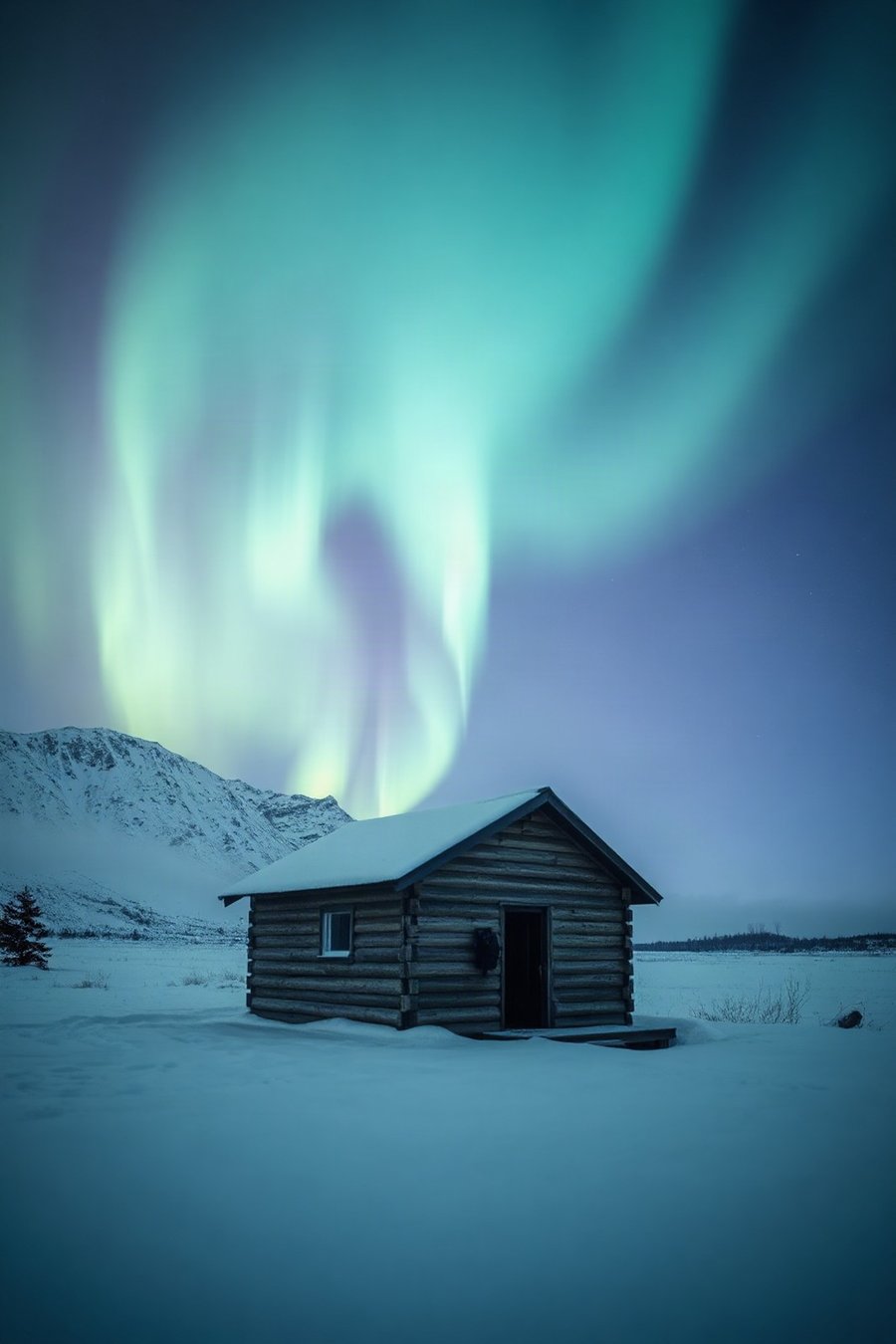 Aurora, Lone Cabin, an atmospheric scene generated in pale green, turquoise and deep blue, built for mood and depth rather than a literal view.