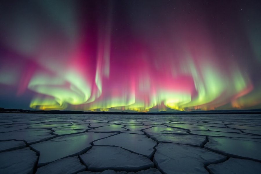 Aurora Reflection on Ice, an atmospheric scene generated in pink, pale green and deep night blue, built for mood and depth rather than a literal view.