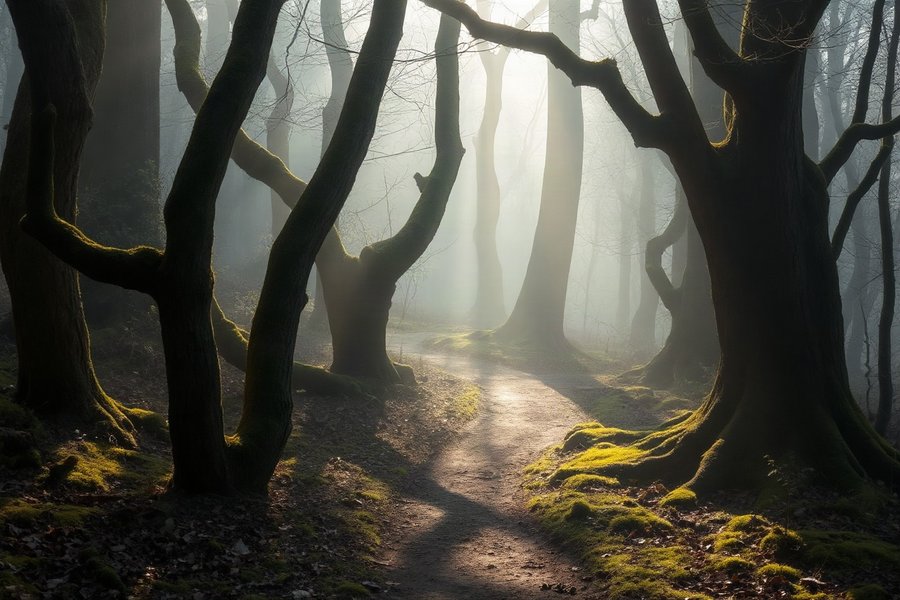 Woodland Path in Mist, an atmospheric scene generated in moss green and warm filtered light, built for mood and depth rather than a literal view.