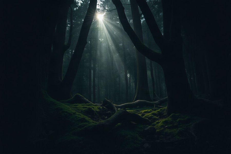 Deep Forest Shadow, an atmospheric scene generated in deep green, blue-black and pale grey, built for mood and depth rather than a literal view.