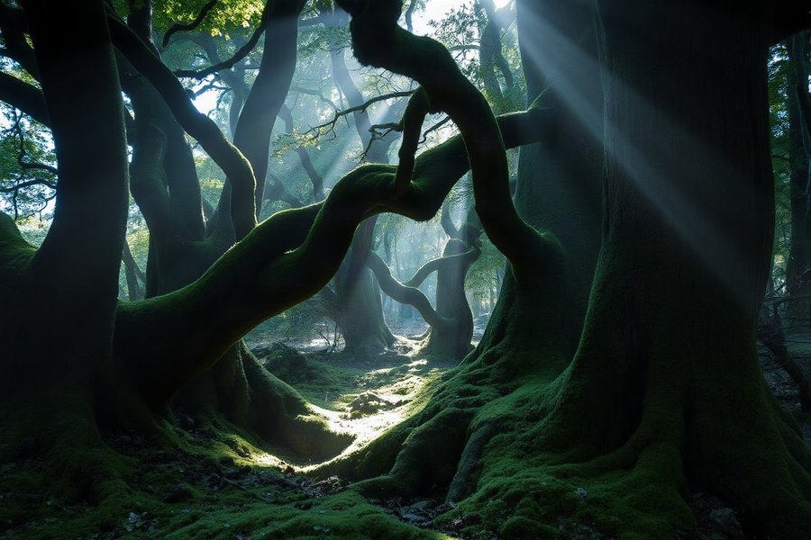 Forest Clearing Glow, an atmospheric scene generated in moss green, blue-grey and cream, built for mood and depth rather than a literal view.