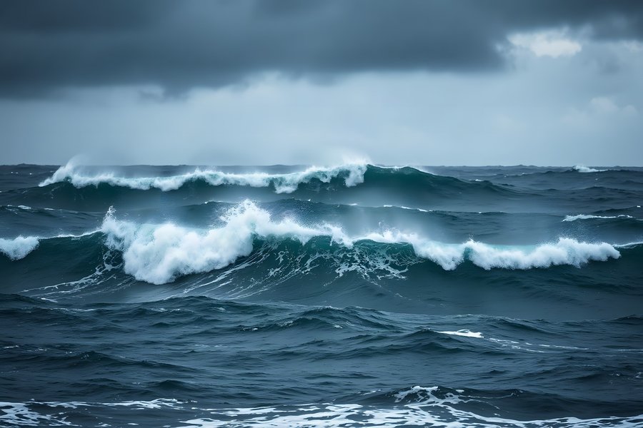 A huge storm swell rolling under a dark heavy sky with powerful breaking wave texture and no vessel in frame, maritime fine art print.