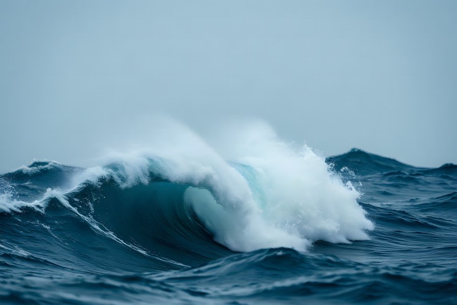 A large wave cresting and breaking close-up with dynamic spray and foam texture in cold blue-and-white tones, maritime fine art print.