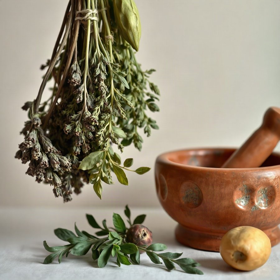 Herbs, Mortar and Pestle, a quiet, realistic-looking still-life study in muted green, terracotta and cream, softly lit.