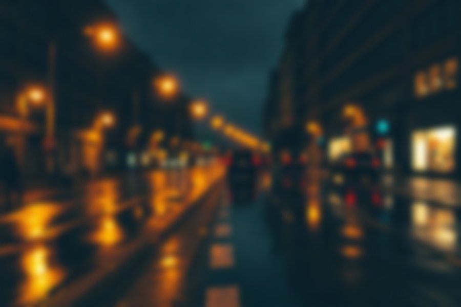 Street Lamps, Reflected, an atmospheric scene generated in wet-night blue, lamplight gold and blurred colour, built for mood and depth rather than a literal view.
