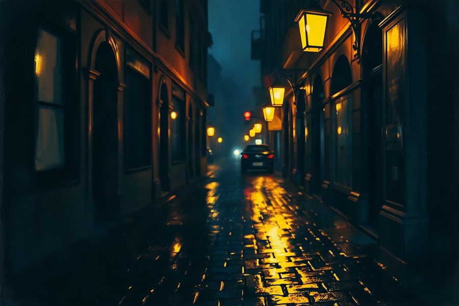 Wet Cobbled Alley, an atmospheric scene generated in deep teal and lamplight gold, built for mood and depth rather than a literal view.