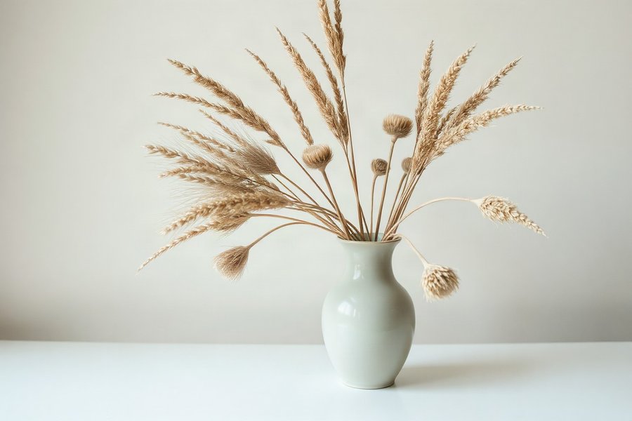 Dried Seedheads, Vase, a quiet, realistic-looking still-life study in warm beige, cream and white, softly lit.