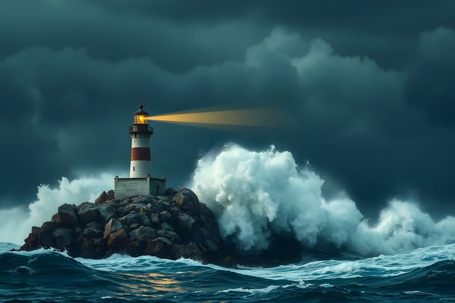 Lighthouse, Wave Burst, an atmospheric scene generated in stormy grey, slate blue and dramatic light, built for mood and depth rather than a literal view.