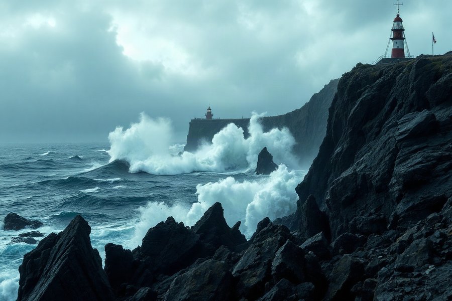 Coastal Lighthouse, Wave Wall, an atmospheric scene generated in stormy grey, slate blue and dramatic light, built for mood and depth rather than a literal view.
