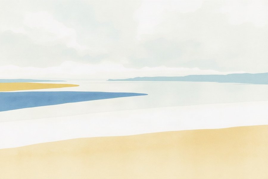 Estuary Mouth, Mist, rendered in loose watercolour-style washes on a soft paper-grain ground -- sea-glass blue, bone white and soft grey, nothing holding a hard edge.