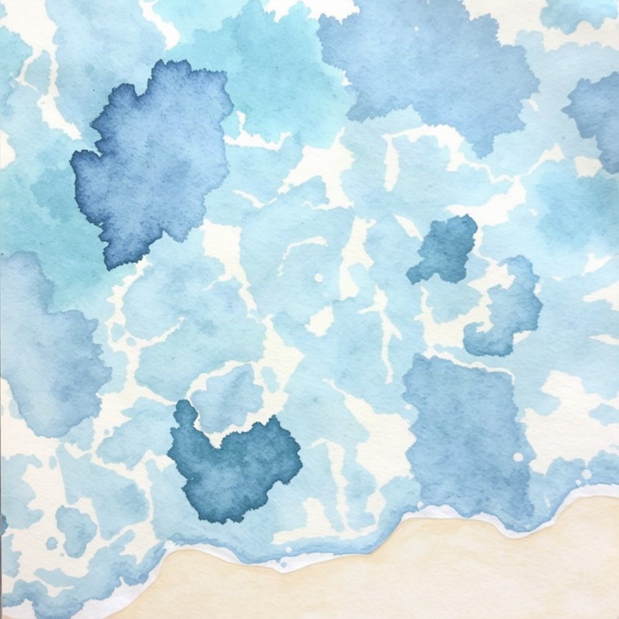 Harbour Shallows, Blue, rendered in loose watercolour-style washes on a soft paper-grain ground -- soft blue and bone white, nothing holding a hard edge.