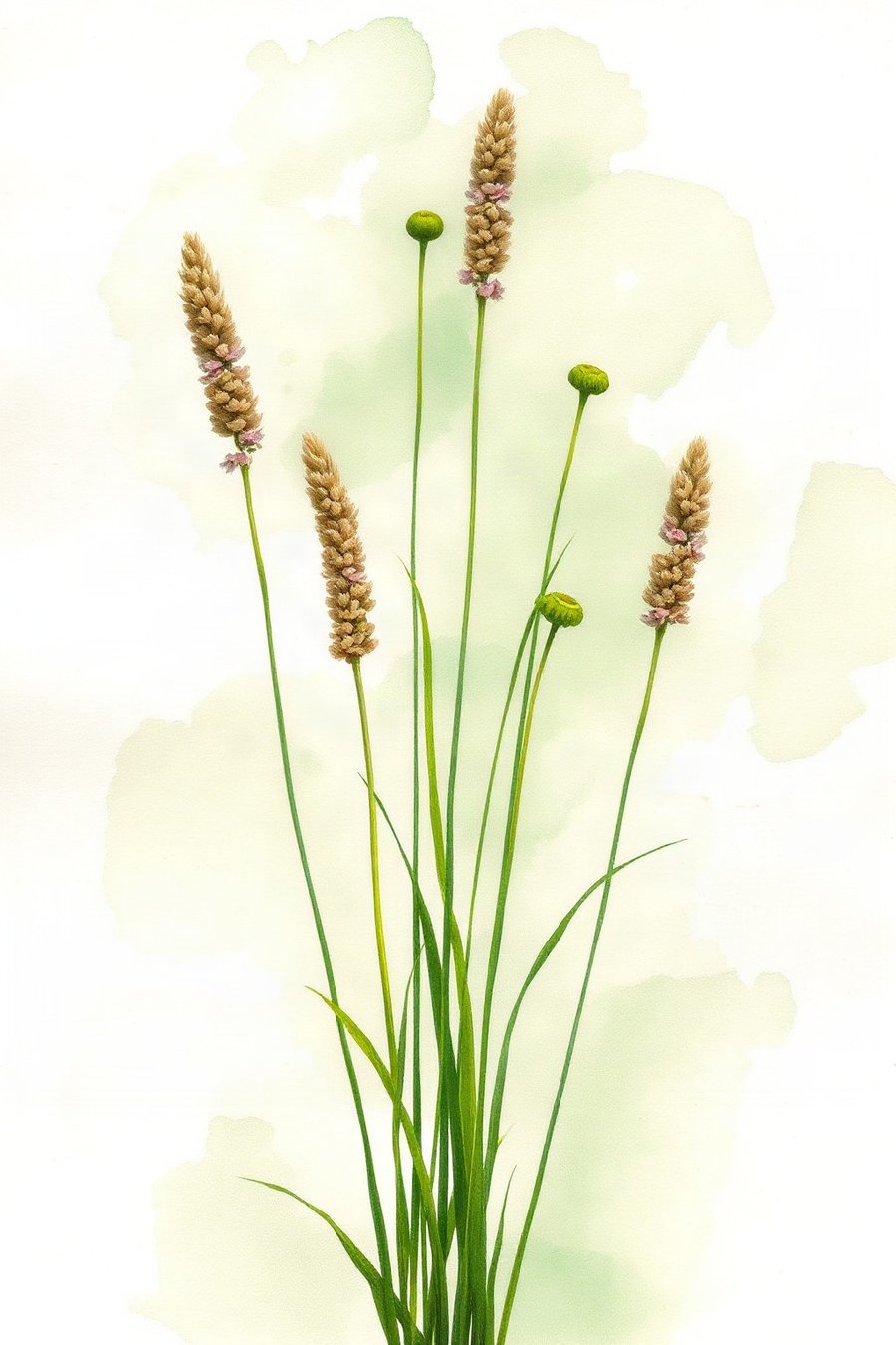 Meadow Grasses, Study, rendered in loose watercolour-style washes on a soft paper-grain ground -- soft green, buttery yellow and warm brown, nothing holding a hard edge.