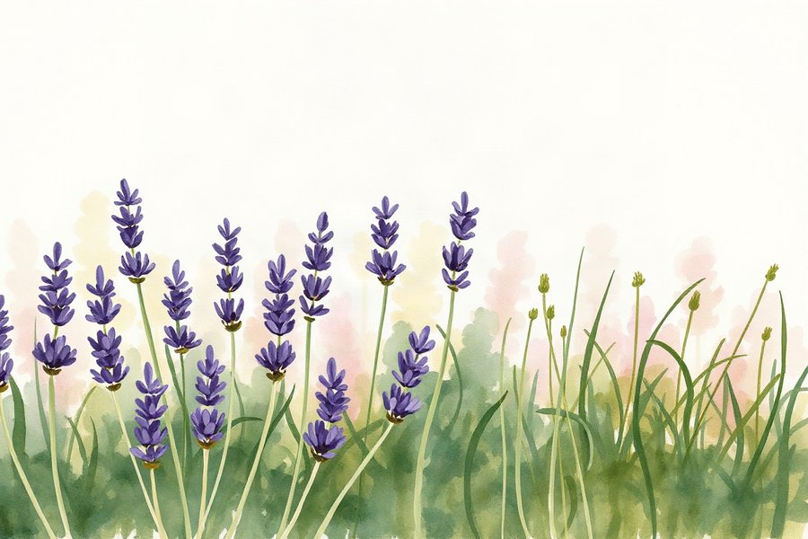 Lavender Margin, rendered in loose watercolour-style washes on a soft paper-grain ground -- soft green, lavender and cream, nothing holding a hard edge.