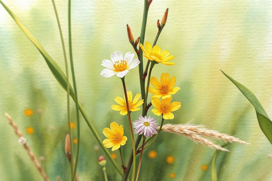 Buttercup, Field Edge, rendered in loose watercolour-style washes on a soft paper-grain ground -- soft green, buttery yellow, dusty pink and lavender, nothing holding a hard edge.