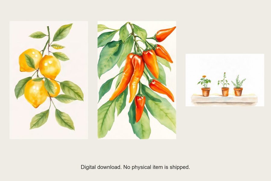 Kitchen Garden gallery wall set of three prints, shown in a room setting