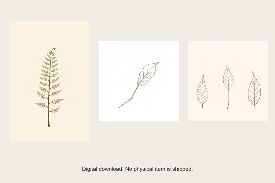 Line and Leaf gallery wall set of three prints, shown in a room setting