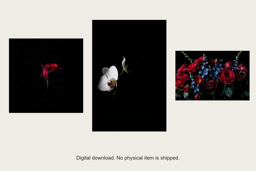 Night Garden gallery wall set of three prints, shown in a room setting